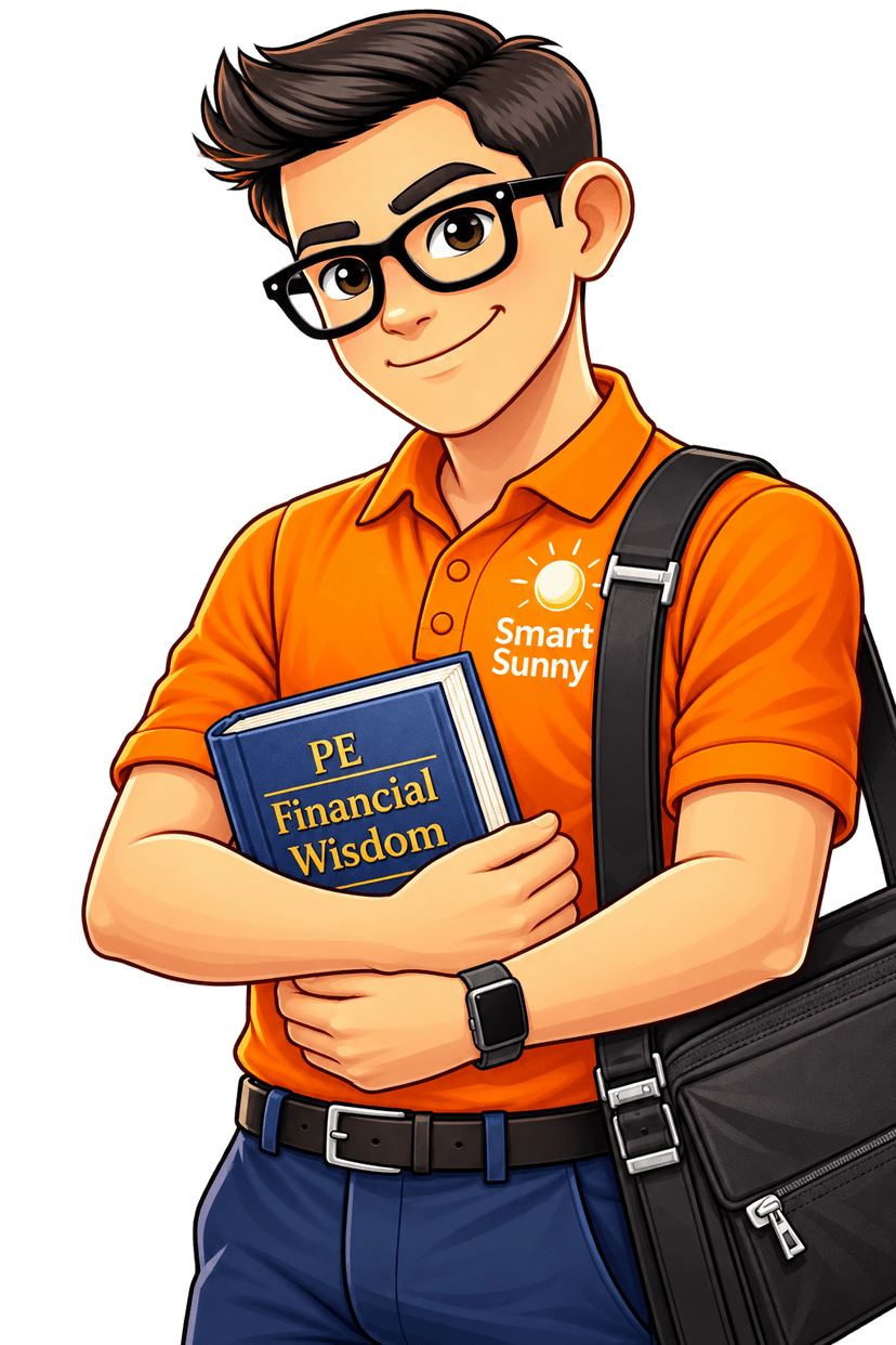 Smart Sunny holding the PE Financial Wisdom book